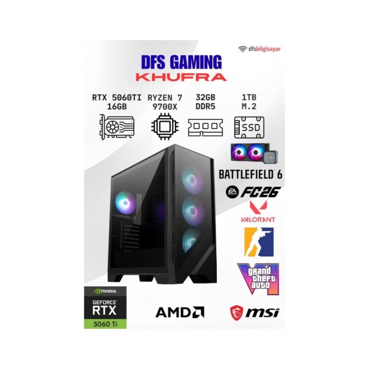 MSI DFS Gaming Khufra R7-9700X 32 GB 1 TB M.2 SSD 16 GB RTX5060TI DOS Gaming Desktop PC