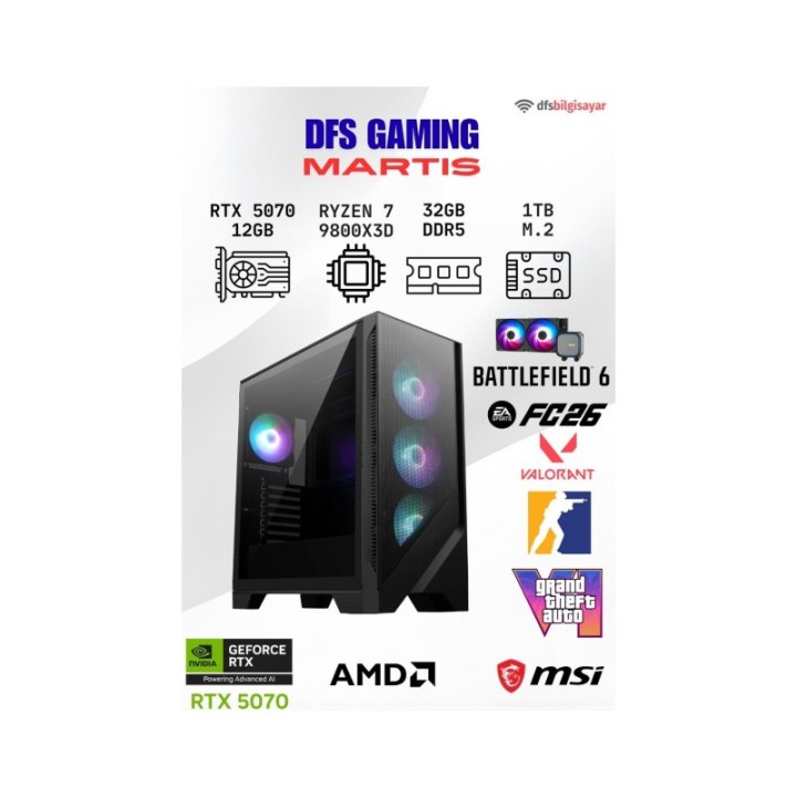 MSI DFS Gaming Martıs R7-9800X3D 32 GB 1 TB M.2 SSD 12 GB RTX-5070 DOS Gaming Desktop PC