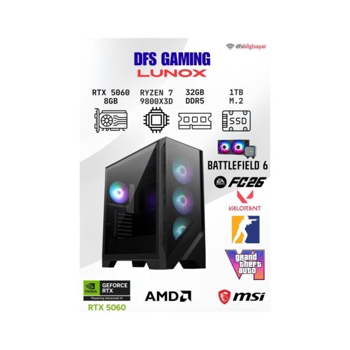 MSI DFS Gaming Lunox R7-9800X3D 1 TB M.2 SSD 8 GB RTX5060 DOS Gaming Desktop PC