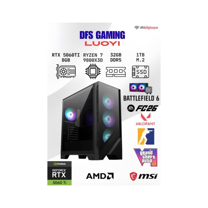 MSI DFS Gaming Luoyı R7-9800X3D 32 GB 1 TB M.2 SSD 8 GB RTX-5060TI DOS Gaming Desktop PC