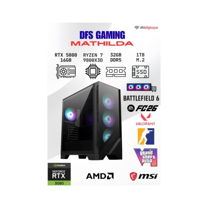 MSI DFS Gaming Mathılda R7-9800X3D 32 GB 1 TB M.2 SSD 16 GB RTX5080 DOS Gaming Desktop PC