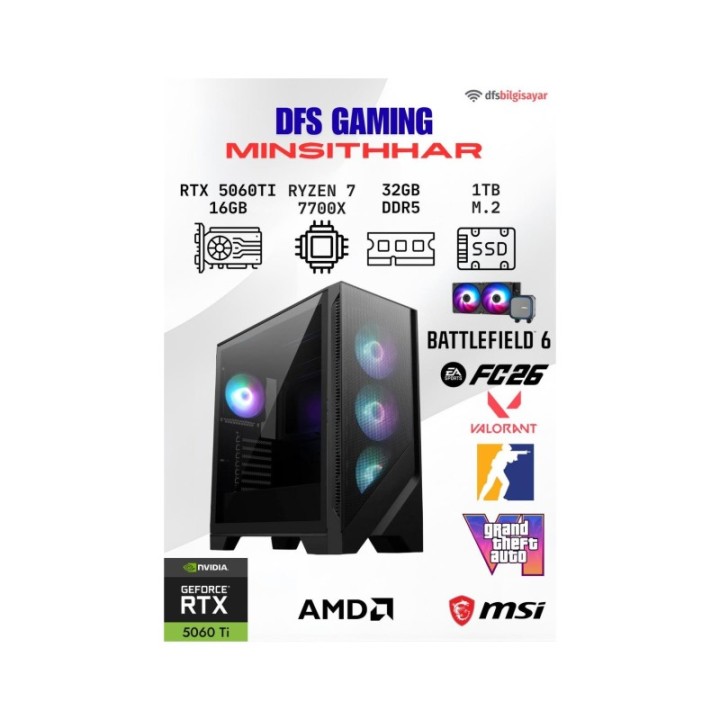 MSI DFS Gaming Mınsıtthar R7-7700X 32 GB 1 TB M.2 SSD 16 GB RTX5060TI DOS Gaming Desktop PC