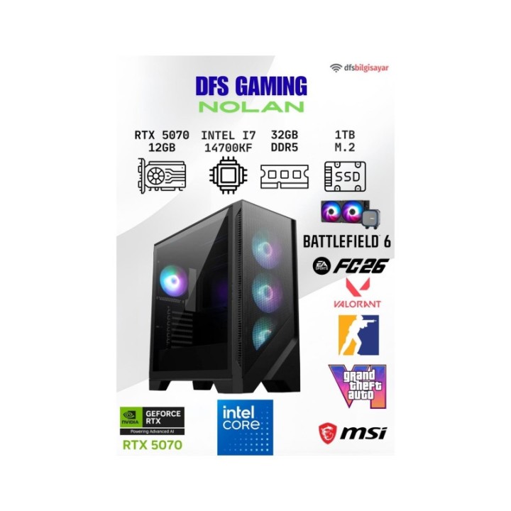 MSI DFS Gaming Nolan i7-14700KF 32 GB 1 TB M.2 SSD 12 GB RTX5070 DOS Gaming Desktop PC
