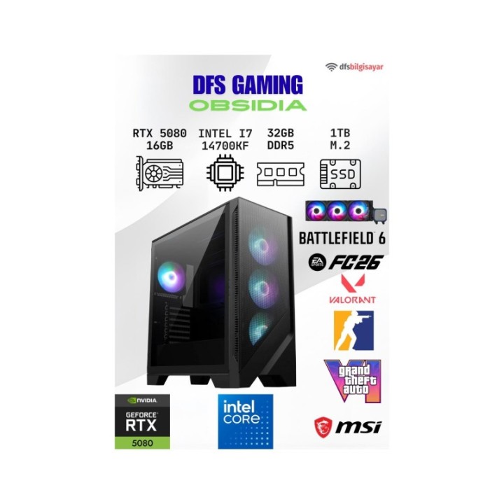 MSI DFS Gaming Obsıdıa i7-14700KF 32 GB 1 TB M.2 SSD 16 GB RTX-5080 DOS Gaming Desktop PC