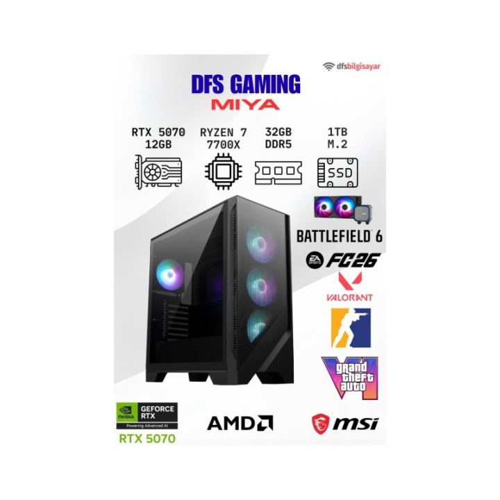 MSI DFS Gaming Mıya R7-7700X 32 GB 1 TB M.2 SSD 12 GB RTX5070 DOS Gaming Desktop PC