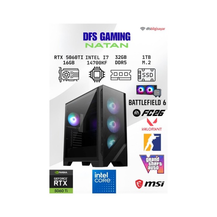 MSI DFS Gaming Natan i7-14700KF 32 GB 1 TB M.2 SSD 16 GB RTX-5060TI DOS Gaming Desktop PC